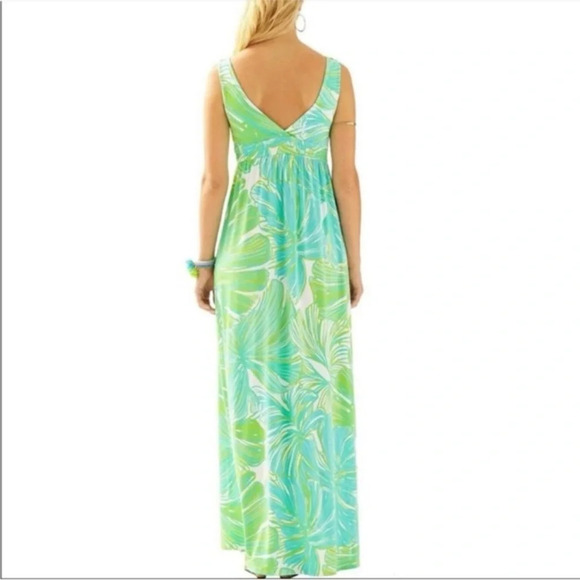 Lilly Pulitzer Isla Green Sheen Fronds Place Tassel Tie Jersey Long Maxi Dress - Picture 3 of 9
